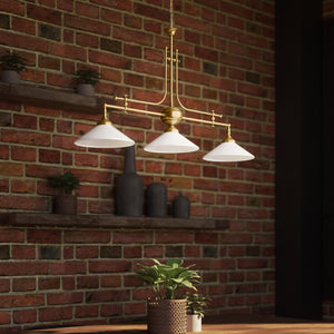 Brass chandelier with three lights, glossy white glass shades, billiard-inspired classic design, for elegant interiors by Ghidini 1849 - Finish: OBS Bronze Satin Brass