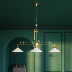 Brass chandelier with three lights, glossy white glass shades, billiard-inspired classic design, for elegant interiors by Ghidini 1849 - Finish: OBS Bronze Satin Brass