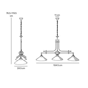 Brass chandelier with three lights, glossy white glass shades, billiard-inspired classic design, for elegant interiors by Ghidini 1849