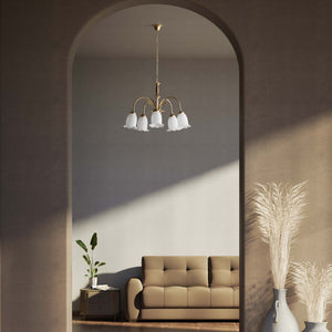Floral brass chandelier with frosted glass shades and wooden details by Ghidini 1849 - Finish: OBS Bronze Satin Brass