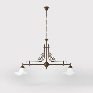 Classic brass chandelier with white satin glass shades by Ghidini 1849 - Finish: OAS Antique Brass