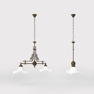 Classic brass chandelier with white satin glass shades by Ghidini 1849 - Finish: OAS Antique Brass