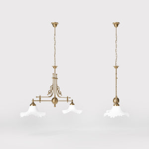 Classic brass chandelier with white satin glass shades by Ghidini 1849 - Finish: OBS Bronze Satin Brass