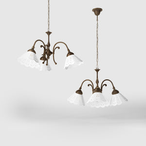 Liberty style pendant lamp with three pierced ceramic shades, decorative brass arms and adjustable joints by Ghidini 1849 - Finish: OAS Antique Brass