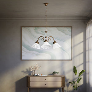 Liberty style pendant lamp with three pierced ceramic shades, decorative brass arms and adjustable joints by Ghidini 1849 - Finish: OAS Antique Brass