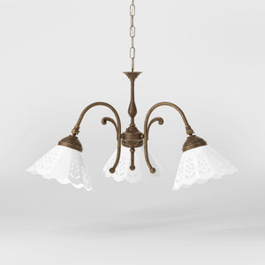 Liberty style pendant lamp with three pierced ceramic shades, decorative brass arms and adjustable joints by Ghidini 1849 - Finish: OAS Antique Brass