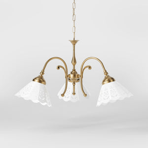 Liberty style pendant lamp with three pierced ceramic shades, decorative brass arms and adjustable joints by Ghidini 1849 - Finish: OBS Bronze Satin Brass
