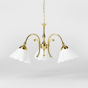 Liberty style pendant lamp with three pierced ceramic shades, decorative brass arms and adjustable joints by Ghidini 1849 - Finish: OLV Polished Brass