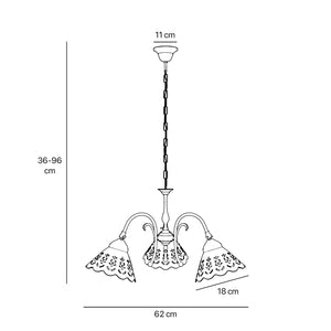 Liberty style pendant lamp with three pierced ceramic shades, decorative brass arms and adjustable joints by Ghidini 1849