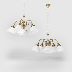 Liberty style chandelier with five pierced ceramic shades, decorative brass structure and adjustable joints by Ghidini 1849 - Finish: OBS Bronze Satin Brass