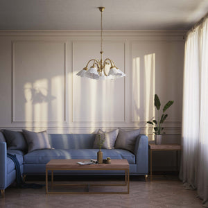 Liberty style chandelier with five pierced ceramic shades, decorative brass structure and adjustable joints by Ghidini 1849 - Finish: OBS Bronze Satin Brass