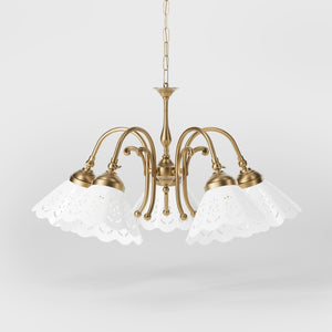 Liberty style chandelier with five pierced ceramic shades, decorative brass structure and adjustable joints by Ghidini 1849 - Finish: OBS Bronze Satin Brass