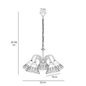Liberty style chandelier with five pierced ceramic shades, decorative brass structure and adjustable joints by Ghidini 1849