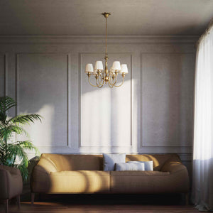 Classic brass chandelier six arms with white pleated shades floral decorations and ornamental central element - Finish: OBS Bronze Satin Brass