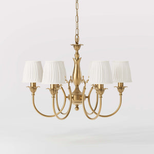 Classic brass chandelier six arms with white pleated shades floral decorations and ornamental central element - Finish: OBS Bronze Satin Brass