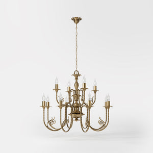 Brass chandelier with 12 arms, Baroque-inspired Louis XV style, ornate details by Ghidini 1849 - Finish: OBS Bronze Satin Brass