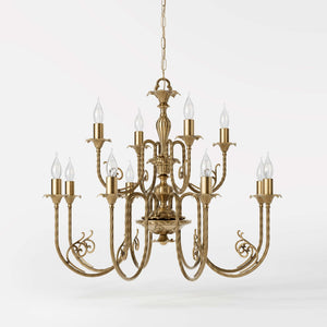 Brass chandelier with 12 arms, Baroque-inspired Louis XV style, ornate details by Ghidini 1849 - Finish: OBS Bronze Satin Brass
