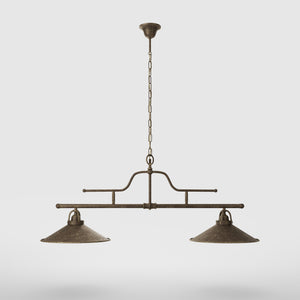 Vintage brass pendant lamp with two conical shades and chain, adjustable horizontal structure for tables and kitchen islands by Ghidini 1849 - Finish: OAS Antique Brass