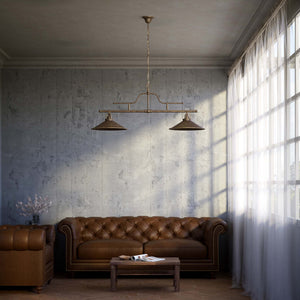 Vintage brass pendant lamp with two conical shades and chain, adjustable horizontal structure for tables and kitchen islands by Ghidini 1849 - Finish: OAS Antique Brass