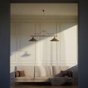 Vintage brass pendant lamp with two conical shades and chain, adjustable horizontal structure for tables and kitchen islands by Ghidini 1849 - Finish: OAS Antique Brass