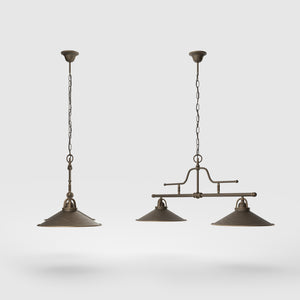 Vintage brass pendant lamp with two conical shades and chain, adjustable horizontal structure for tables and kitchen islands by Ghidini 1849 - Finish: OBM Bronze Satin Matt Brass