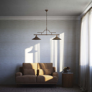 Vintage brass pendant lamp with two conical shades and chain, adjustable horizontal structure for tables and kitchen islands by Ghidini 1849 - Finish: OBM Bronze Satin Matt Brass