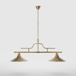 Vintage brass pendant lamp with two conical shades and chain, adjustable horizontal structure for tables and kitchen islands by Ghidini 1849 - Finish: OBS Bronze Satin Brass