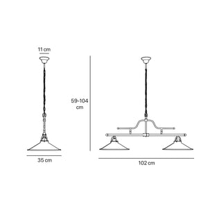 Vintage brass pendant lamp with two conical shades and chain, adjustable horizontal structure for tables and kitchen islands by Ghidini 1849