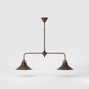 Industrial balance beam pendant light in brass with symmetrical double conical shade inspired by vintage design by Ghidini 1849 - Finish: OAS Antique Brass