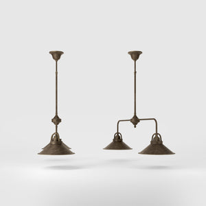 Industrial balance beam pendant light in brass with symmetrical double conical shade inspired by vintage design by Ghidini 1849 - Finish: OAS Antique Brass