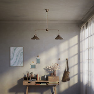 Industrial balance beam pendant light in brass with symmetrical double conical shade inspired by vintage design by Ghidini 1849 - Finish: OAS Antique Brass