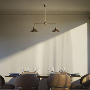 Industrial balance beam pendant light in brass with symmetrical double conical shade inspired by vintage design by Ghidini 1849 - Finish: OAS Antique Brass