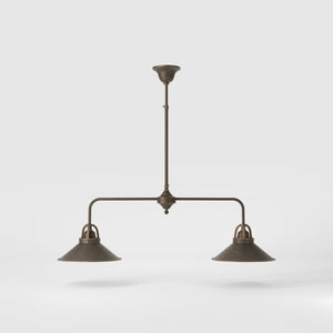 Industrial balance beam pendant light in brass with symmetrical double conical shade inspired by vintage design by Ghidini 1849 - Finish: OBM Bronze Satin Matt Brass