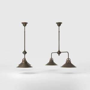 Industrial balance beam pendant light in brass with symmetrical double conical shade inspired by vintage design by Ghidini 1849 - Finish: OBM Bronze Satin Matt Brass