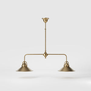 Industrial balance beam pendant light in brass with symmetrical double conical shade inspired by vintage design by Ghidini 1849 - Finish: OBS Bronze Satin Brass