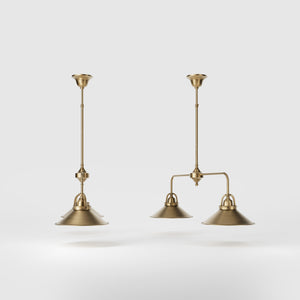 Industrial balance beam pendant light in brass with symmetrical double conical shade inspired by vintage design by Ghidini 1849 - Finish: OBS Bronze Satin Brass