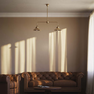 Industrial balance beam pendant light in brass with symmetrical double conical shade inspired by vintage design by Ghidini 1849 - Finish: OBS Bronze Satin Brass