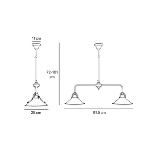 Industrial balance beam pendant light in brass with symmetrical double conical shade inspired by vintage design by Ghidini 1849