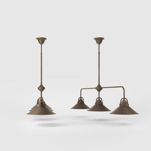 Brass chandelier with three conical shades, adjustable height, classic and versatile design by Ghidini 1849 - Finish: OAS Antique Brass