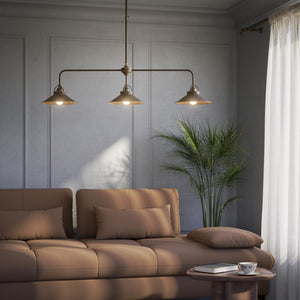 Brass chandelier with three conical shades, adjustable height, classic and versatile design by Ghidini 1849 - Finish: OAS Antique Brass