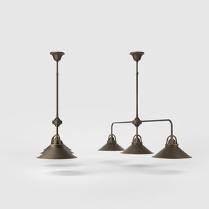Brass chandelier with three conical shades, adjustable height, classic and versatile design by Ghidini 1849 - Finish: OBM Bronze Satin Matt Brass