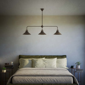 Brass chandelier with three conical shades, adjustable height, classic and versatile design by Ghidini 1849 - Finish: OBM Bronze Satin Matt Brass