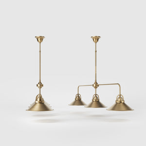 Brass chandelier with three conical shades, adjustable height, classic and versatile design by Ghidini 1849 - Finish: OBS Bronze Satin Brass