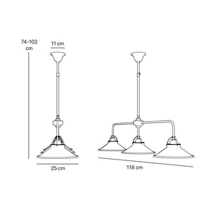 Brass chandelier with three conical shades, adjustable height, classic and versatile design by Ghidini 1849