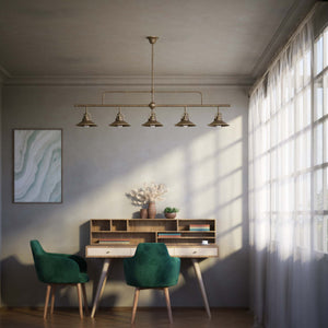 Industrial linear brass pendant with five symmetrical conical shades for dramatic lighting effect by Ghidini 1849 - Finish: OAS Antique Brass