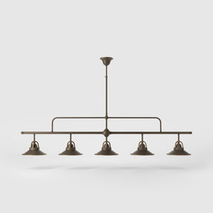 Industrial linear brass pendant with five symmetrical conical shades for dramatic lighting effect by Ghidini 1849 - Finish: OBM Bronze Satin Matt Brass
