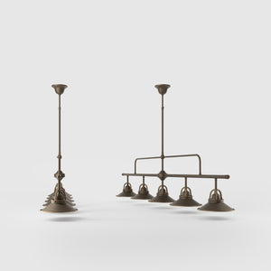 Industrial linear brass pendant with five symmetrical conical shades for dramatic lighting effect by Ghidini 1849 - Finish: OBM Bronze Satin Matt Brass