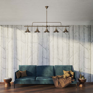 Industrial linear brass pendant with five symmetrical conical shades for dramatic lighting effect by Ghidini 1849 - Finish: OBM Bronze Satin Matt Brass