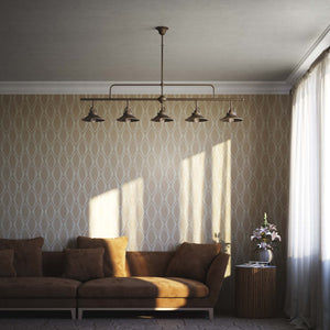 Industrial linear brass pendant with five symmetrical conical shades for dramatic lighting effect by Ghidini 1849 - Finish: OBM Bronze Satin Matt Brass