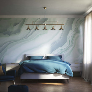 Industrial linear brass pendant with five symmetrical conical shades for dramatic lighting effect by Ghidini 1849 - Finish: OBS Bronze Satin Brass